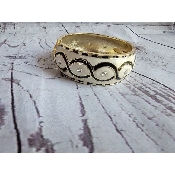 Black White Enamel Gem Hinged Bracelet Bangle Chunky Round Classic Fashion - Picture 2 of 7
